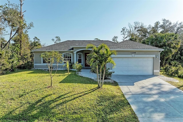 single story home featuring roof with shingles, stucco siding, a garage, driveway, and a front lawn