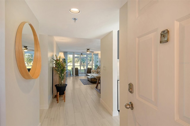 corridor featuring floor to ceiling windows and light wood-type flooring