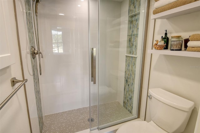 bathroom with toilet and a shower with door