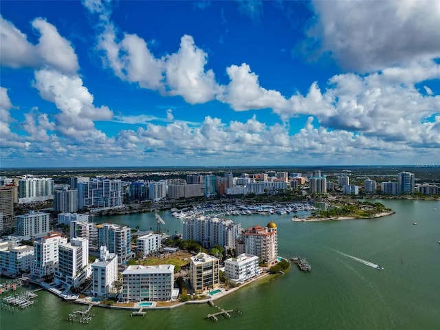 aerial view featuring a water view