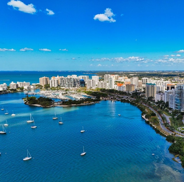 birds eye view of property featuring a water view