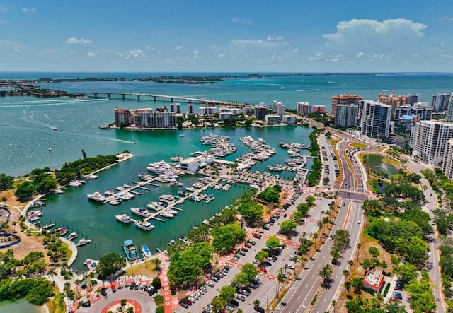 aerial view featuring a water view