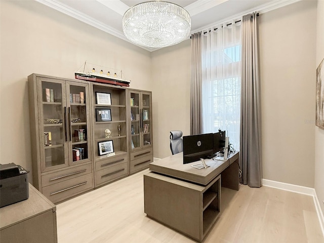 5305 Brookgrove Dr, Sarasota, FL 34238 - office with crown molding, a notable chandelier, baseboards, and light wood finished floors