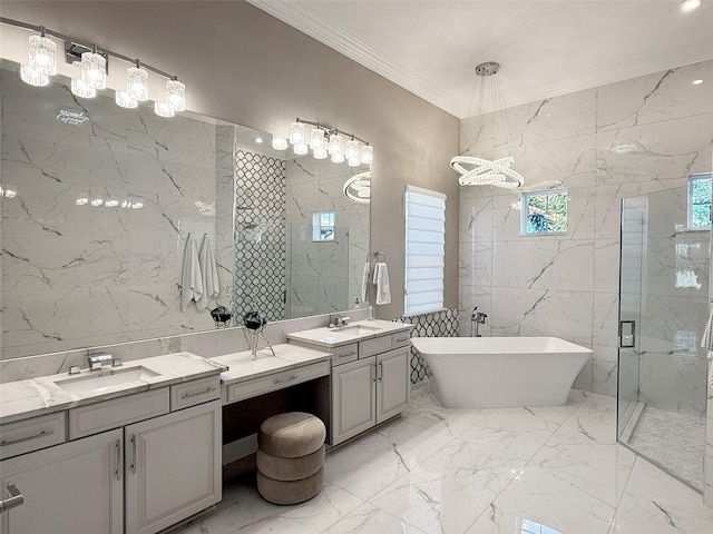 5305 Brookgrove Dr, Sarasota, FL 34238 - full bath with marble finish floor, a stall shower, a sink, tile walls, and crown molding