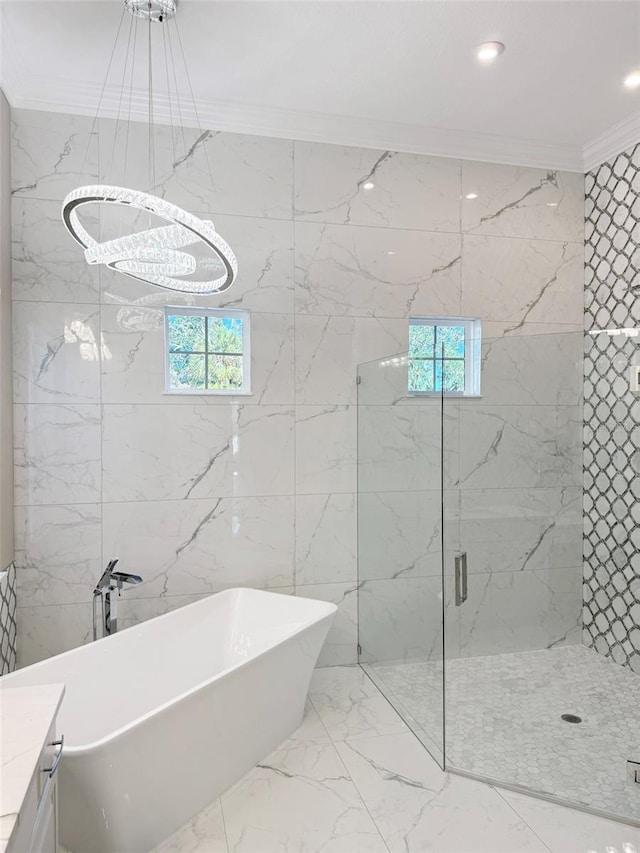 5305 Brookgrove Dr, Sarasota, FL 34238 - full bathroom featuring a marble finish shower, marble finish floor, crown molding, and a freestanding tub