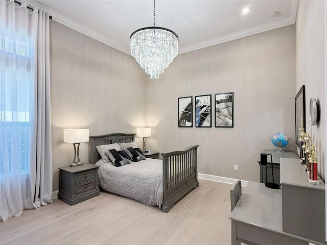 5305 Brookgrove Dr, Sarasota, FL 34238 - bedroom featuring baseboards, a notable chandelier, crown molding, multiple windows, and light wood-type flooring