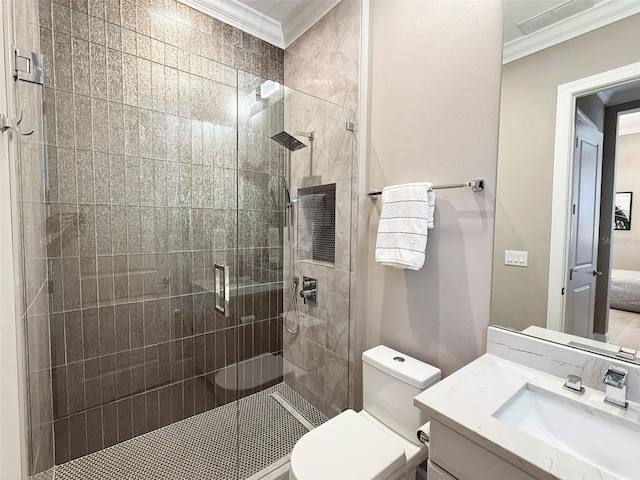 5305 Brookgrove Dr, Sarasota, FL 34238 - bathroom with visible vents, a shower stall, toilet, and crown molding