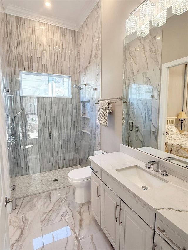 5305 Brookgrove Dr, Sarasota, FL 34238 - full bath featuring toilet, marble finish floor, a marble finish shower, crown molding, and vanity