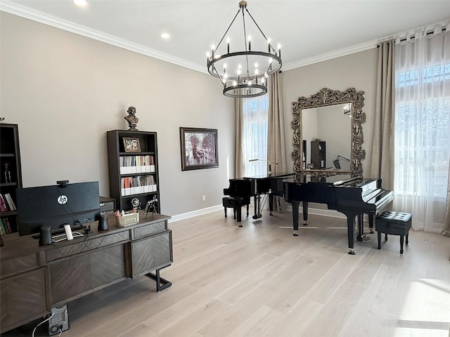 5305 Brookgrove Dr, Sarasota, FL 34238 - office area featuring a chandelier, light wood-style flooring, baseboards, and ornamental molding