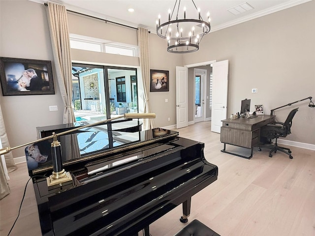 5305 Brookgrove Dr, Sarasota, FL 34238 - interior space featuring visible vents, baseboards, light wood finished floors, ornamental molding, and a notable chandelier