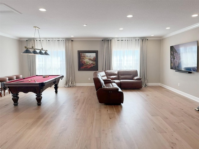 5305 Brookgrove Dr, Sarasota, FL 34238 - game room with pool table, crown molding, baseboards, recessed lighting, and light wood-style floors