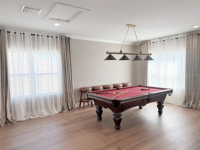 5305 Brookgrove Dr, Sarasota, FL 34238 - rec room with visible vents, light wood-style floors, pool table, and crown molding
