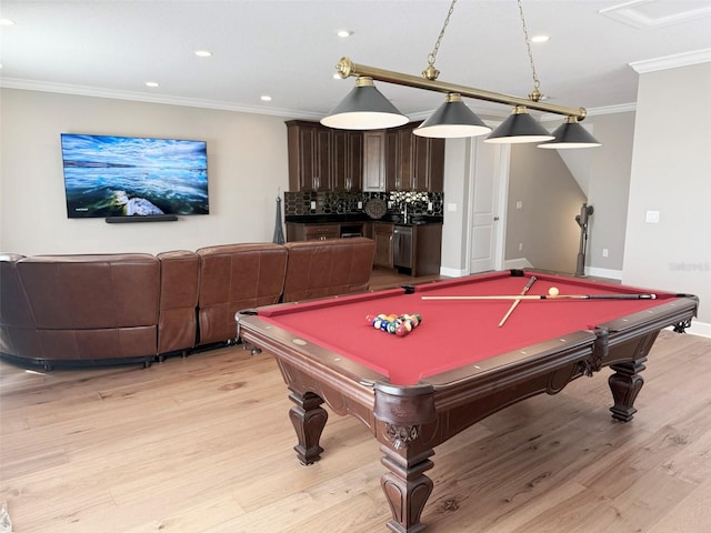 5305 Brookgrove Dr, Sarasota, FL 34238 - playroom featuring light wood-style flooring, pool table, baseboards, and ornamental molding