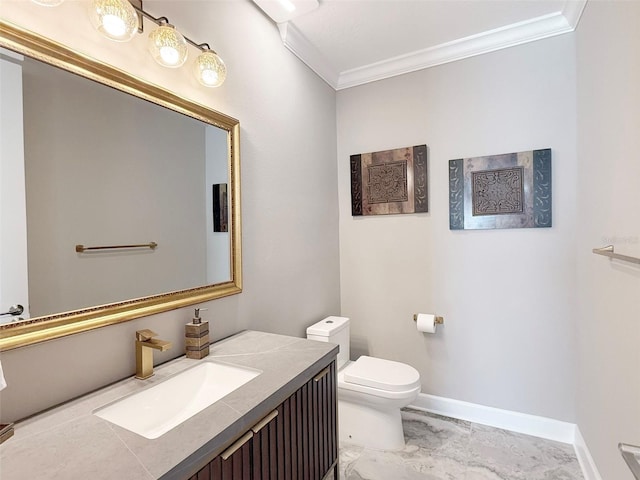 5305 Brookgrove Dr, Sarasota, FL 34238 - half bathroom with toilet, marble finish floor, ornamental molding, baseboards, and vanity