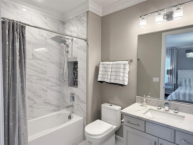 5305 Brookgrove Dr, Sarasota, FL 34238 - full bathroom with toilet, ornamental molding, ensuite bath, shower / bath combination with curtain, and vanity