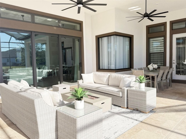5305 Brookgrove Dr, Sarasota, FL 34238 - view of patio / terrace with outdoor dining space, an outdoor living space with a fire pit, and ceiling fan
