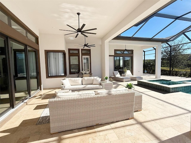 5305 Brookgrove Dr, Sarasota, FL 34238 - view of patio / terrace featuring an outdoor living space, a ceiling fan, a pool with connected hot tub, and a lanai