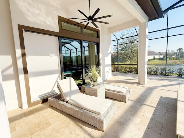 5305 Brookgrove Dr, Sarasota, FL 34238 - view of patio with a lanai, a water view, and ceiling fan