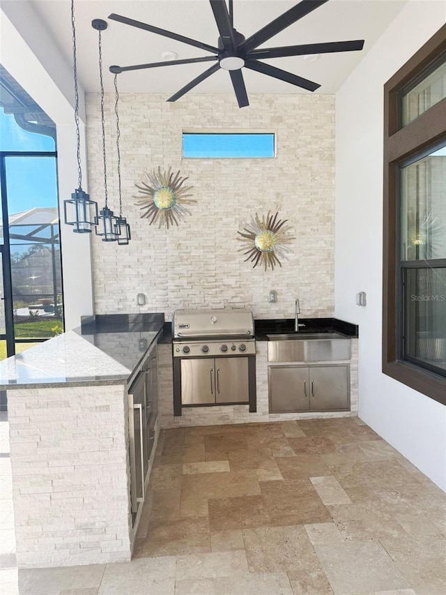 5305 Brookgrove Dr, Sarasota, FL 34238 - view of patio with a sink, area for grilling, a ceiling fan, and a grill