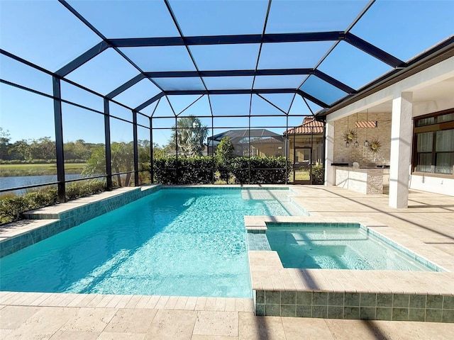 5305 Brookgrove Dr, Sarasota, FL 34238 - view of pool with glass enclosure, a patio area, a water view, and a pool with connected hot tub