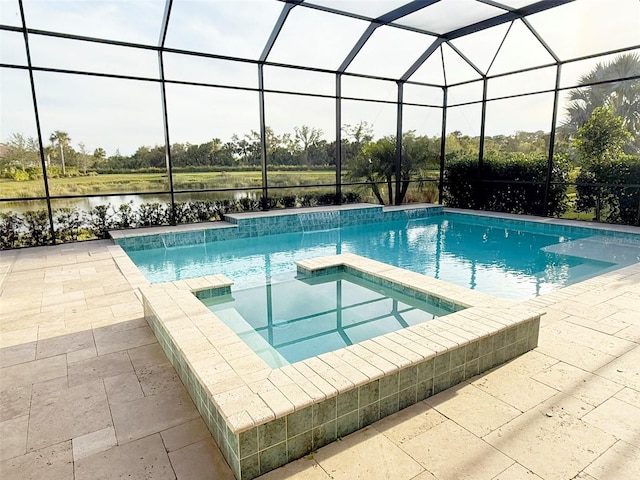 5305 Brookgrove Dr, Sarasota, FL 34238 - outdoor pool with a patio area, glass enclosure, an in ground hot tub, and a water view