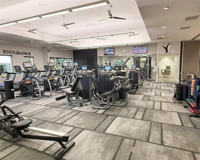 5305 Brookgrove Dr, Sarasota, FL 34238 - gym featuring recessed lighting and ceiling fan