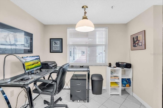 tiled office with a textured ceiling