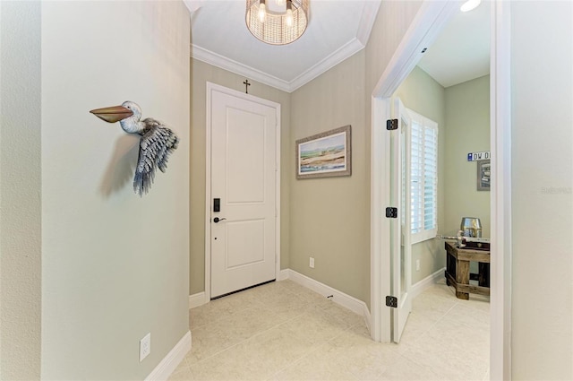 hall featuring ornamental molding and light tile patterned flooring