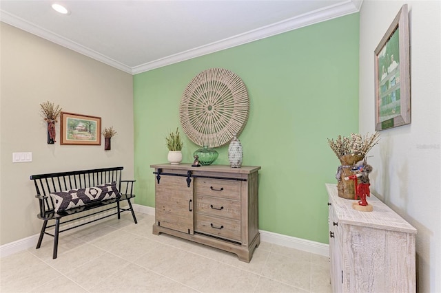 living area with crown molding and light tile patterned flooring