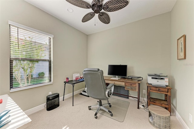 office space featuring ceiling fan and carpet flooring