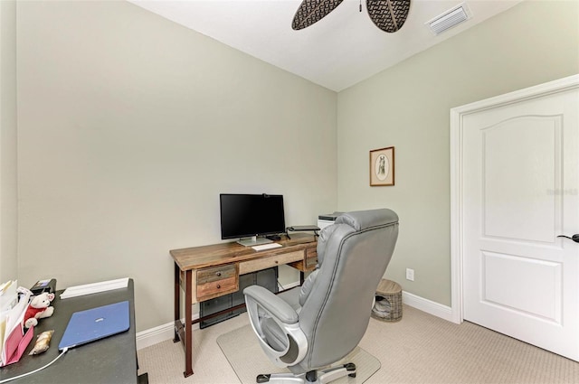 office space with ceiling fan and light colored carpet