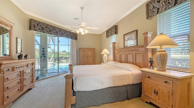 carpeted bedroom with access to exterior, crown molding, and ceiling fan