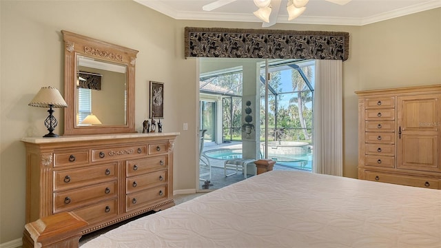 carpeted bedroom featuring access to exterior, ornamental molding, and ceiling fan