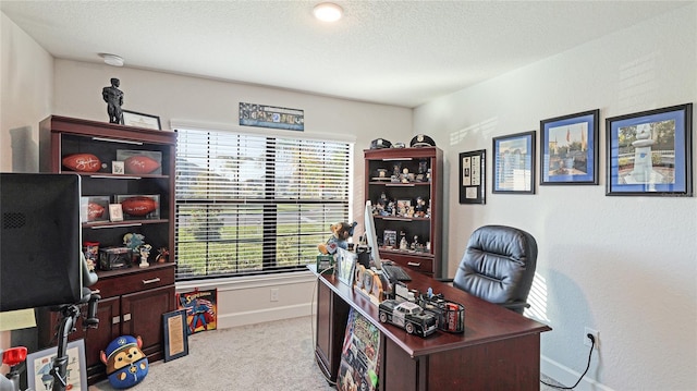 office space featuring light carpet and a textured ceiling