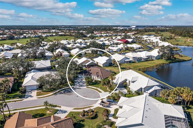 drone / aerial view featuring a water view