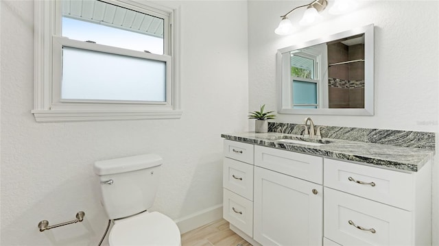 bathroom featuring vanity, wood-type flooring, and toilet