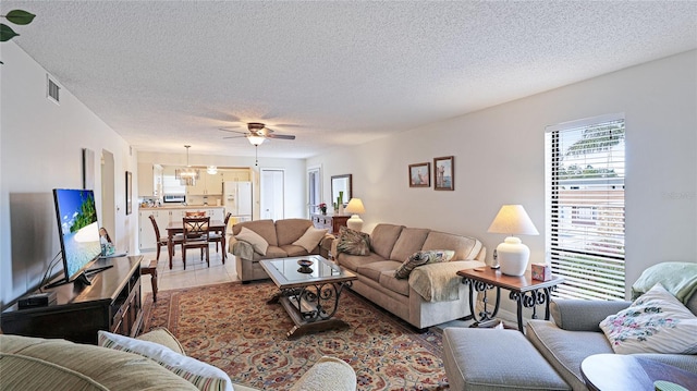 living room with wood-type flooring, a textured ceiling, and ceiling fan