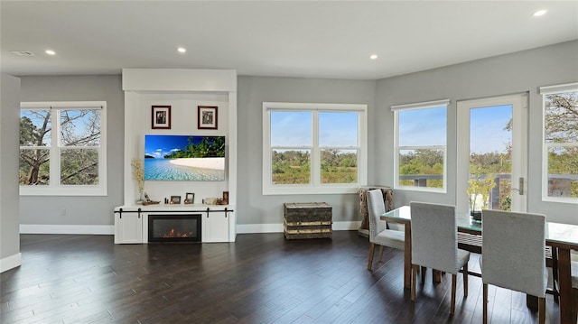 dining area featuring a healthy amount of sunlight and dark hardwood / wood-style floors