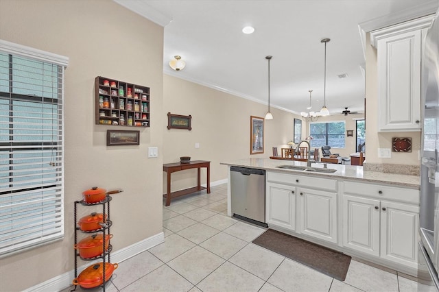 kitchen with white cabinets, ornamental molding, sink, dishwasher, and light tile patterned flooring