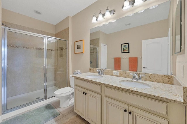 bathroom with tile patterned flooring, vanity, toilet, and a shower with shower door