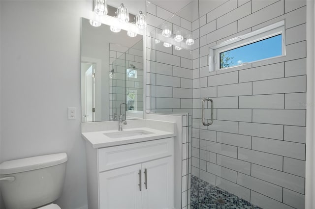 bathroom featuring vanity, an enclosed shower, and toilet