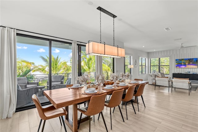 dining space featuring ceiling fan, light hardwood / wood-style floors, and plenty of natural light