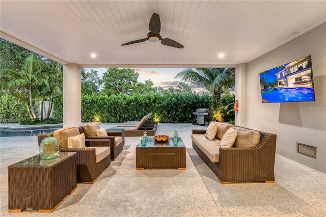 view of patio / terrace featuring a fenced in pool, a grill, an outdoor living space, and ceiling fan