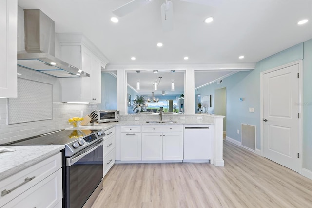 kitchen featuring white cabinetry, kitchen peninsula, stainless steel electric range oven, and wall chimney range hood