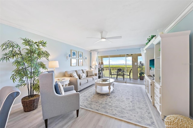 living room with light hardwood / wood-style floors, ceiling fan, and crown molding