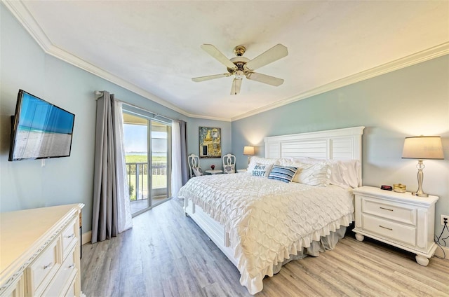 bedroom with ceiling fan, light hardwood / wood-style floors, ornamental molding, and access to outside