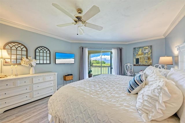 bedroom with access to exterior, ceiling fan, crown molding, and light hardwood / wood-style flooring