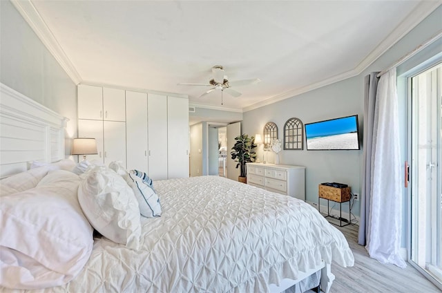 bedroom with light hardwood / wood-style floors, ceiling fan, and ornamental molding