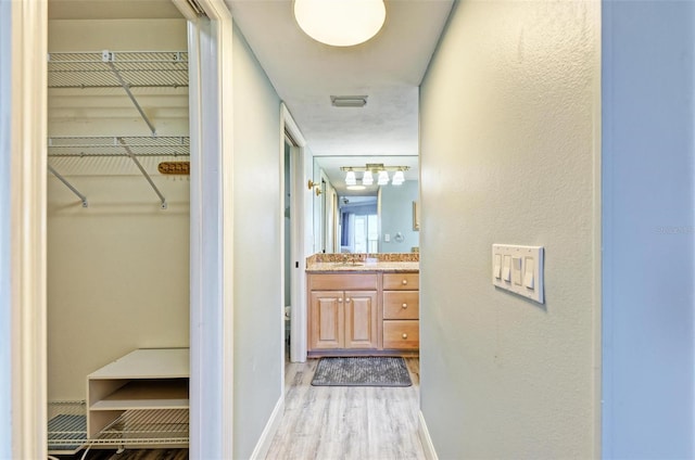 hall featuring hardwood / wood-style flooring and sink