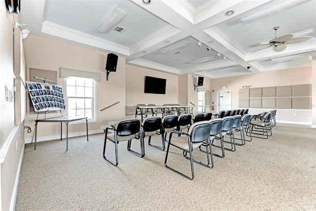 home theater room with beam ceiling, ceiling fan, crown molding, and coffered ceiling